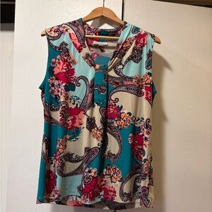 Dana Buchman Teal, Cream & Magenta Paisley Floral Twist-Neck Tank